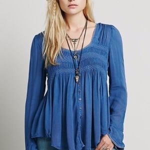 Free People Blue Bird Smocked Babydoll Top